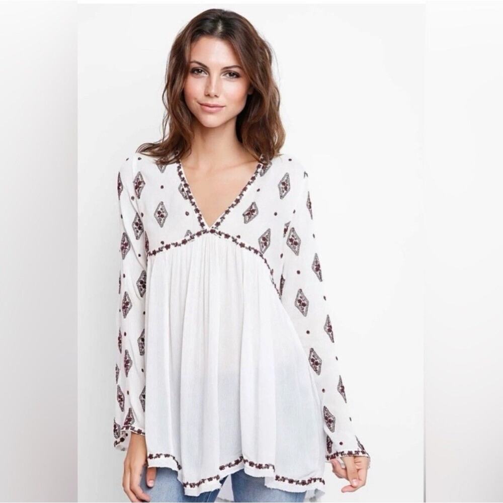 Free People Ivory Embroidered Boho Tunic Top M Diamond